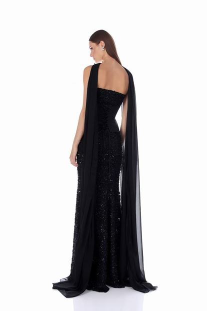 Schwarzes Satin Bustier Top Pailletten Meerjungfrau Abend Set